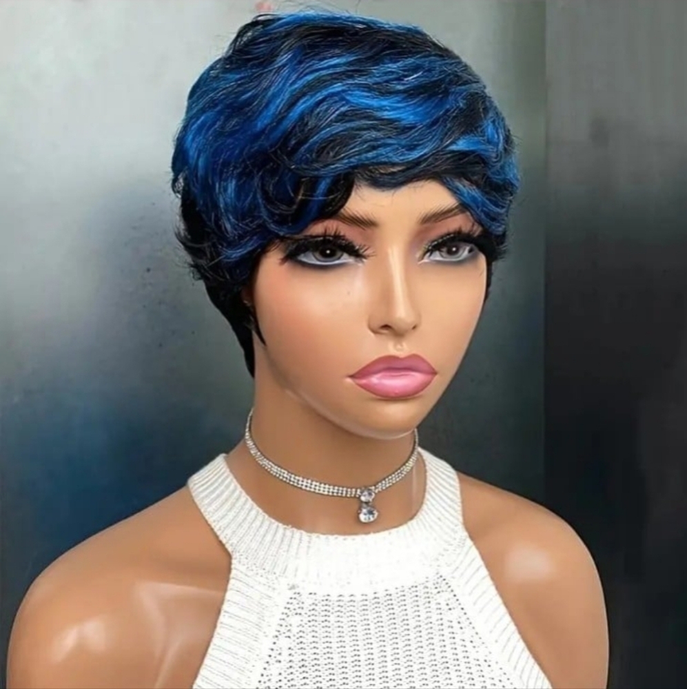 6' Short Pixie Cut Wigs For Women Wavy Layered Highlight 100% Human Hair Wig